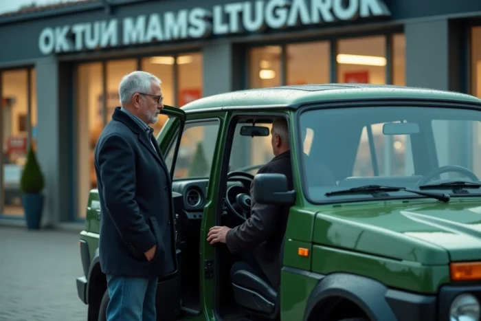 Vendeur présentant le nouveau Lada Niva 4x4 2026 dans une concession automobile russe