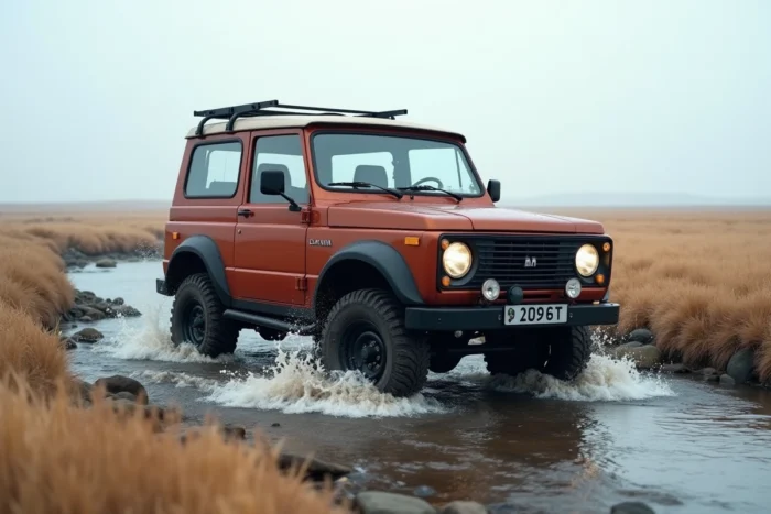 Lada Niva 4x4 2026 traversant un cours d'eau rocheux dans une steppe russe en vue grand angle