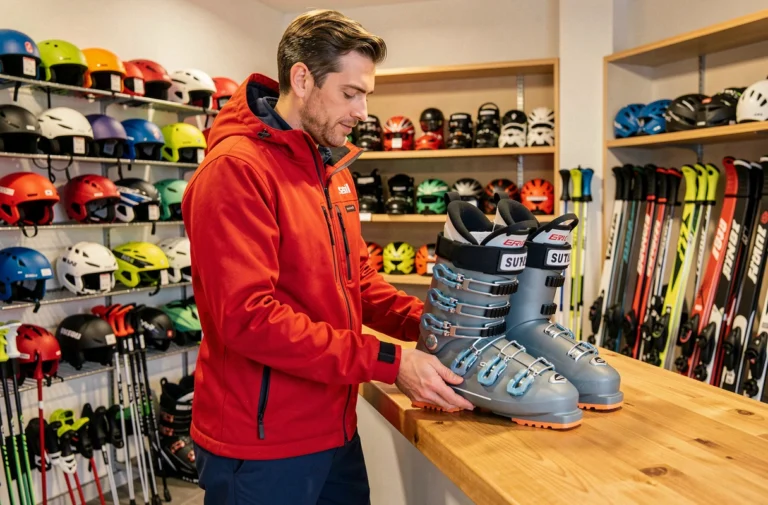 Homme essayant des chaussures de ski dans un magasin de location à Font Romeu