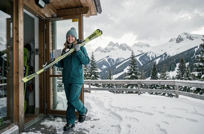 Femme sortant d'un magasin de location de ski avec ses skis à Font Romeu sous la neige