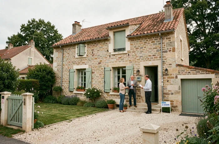 Maison en pierre à vendre avec des propriétaires discutant de l'estimation de la valeur avec un agent immobilier devant la façade