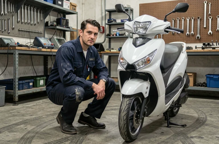 Mécanicien professionnel inspectant un scooter Yamaha Xmax 125 dans un atelier de réparation urbain
