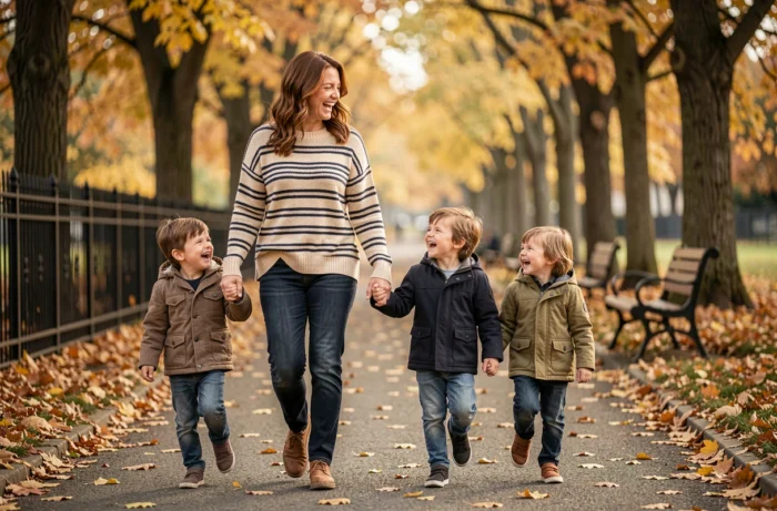 Mère se promenant avec ses enfants dans un parc en automne, scène de vie familiale naturelle et complice