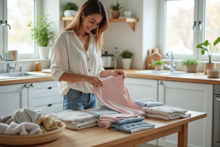 Mère triant des vêtements d'enfants éco-responsables sur une table en bois dans une cuisine scandinave