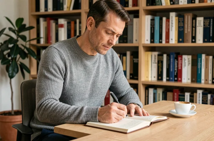 Leader réfléchi prenant des notes stratégiques dans un bureau épuré, illustrant la méthode de leadership de Thibault Richelme