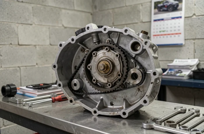 Gros plan sur le moteur et la variateur d'un Yamaha Xmax 125 démontés sur un établi de garage
