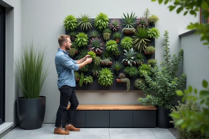 Homme installant des plantes succulentes sur un mur végétal modulaire dans un jardin moderne et minimaliste
