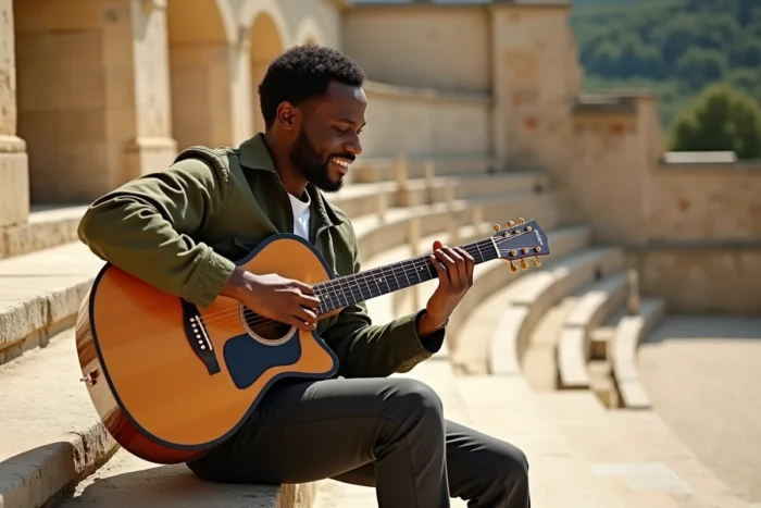 Musicien jouant de la guitare acoustique sur des marches en pierre d'un amphithéâtre du sud de la France évoquant la liberté musicale