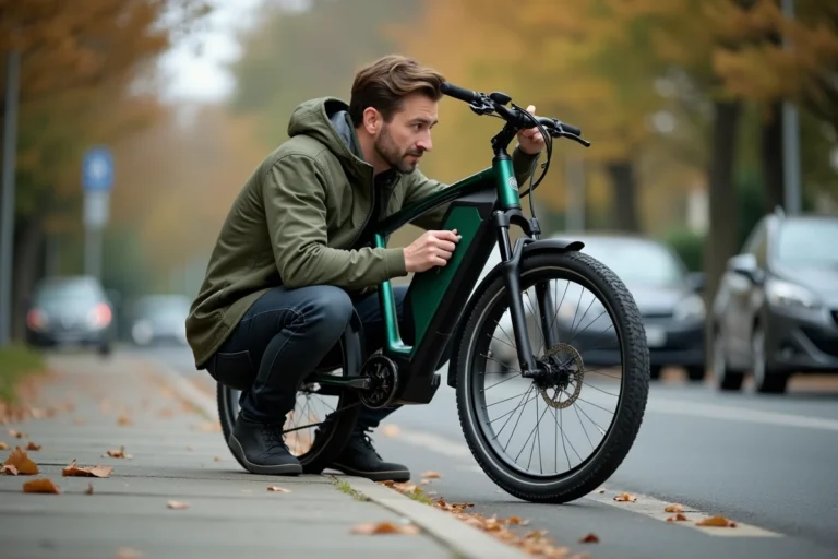 Homme examinant la roue arrière de son vélo électrique Decathlon en panne sur un trottoir urbain