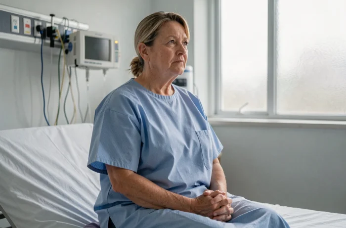 Patiente en chambre de cardiologie après intervention de pose de stent coronaire