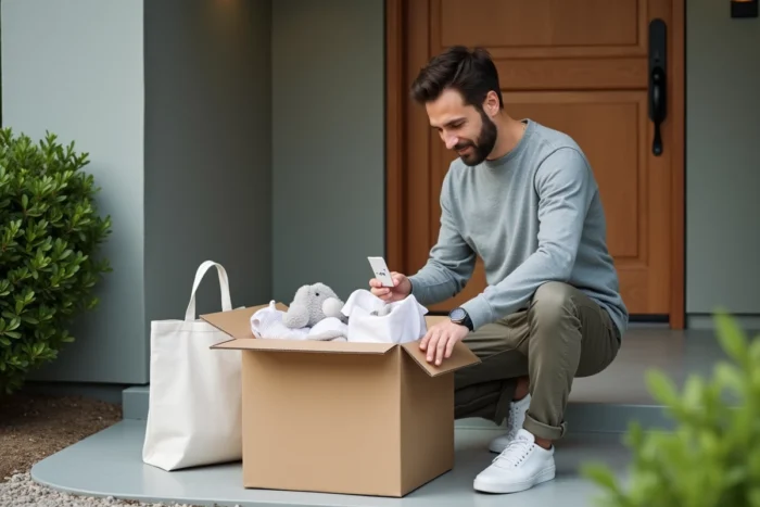 Père recevant une livraison de vêtements d'enfants en location éco-responsable devant sa maison