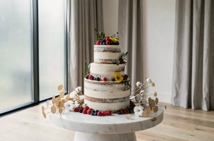 Pièce montée de mariage style naked cake à quatre étages décorée de baies et fleurs comestibles dans une salle minimaliste scandinave, tendances décoration mariage 2024