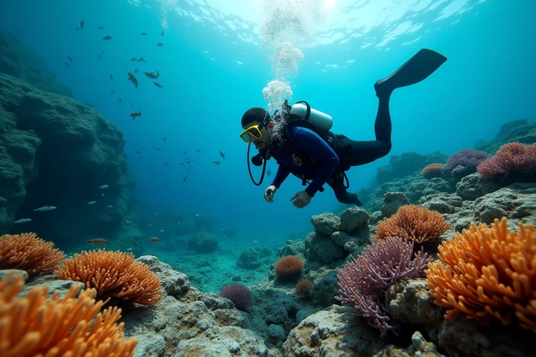 Plongeur explorant un récif rocheux sous-marin en Corse du Nord avec gorgones et poissons méditerranéens