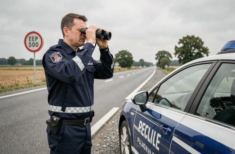 Policier français utilisant des jumelles pour contrôler la vitesse des véhicules sur une route nationale