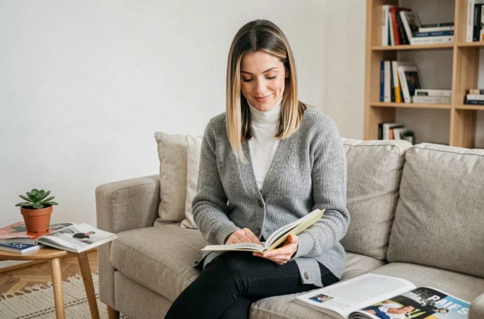 Femme lisant un livre dans un salon minimaliste et cosy, portrait intimiste de vie privée à domicile