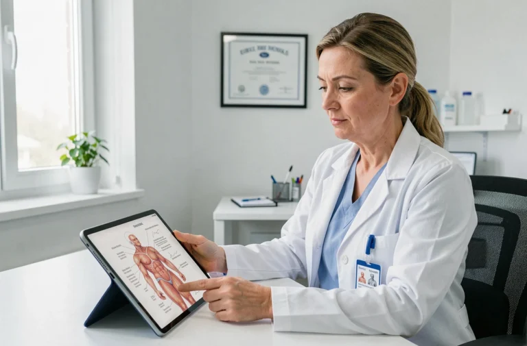 Praticienne en hydrotomie percutanée en consultation dans un cabinet médical moderne en France