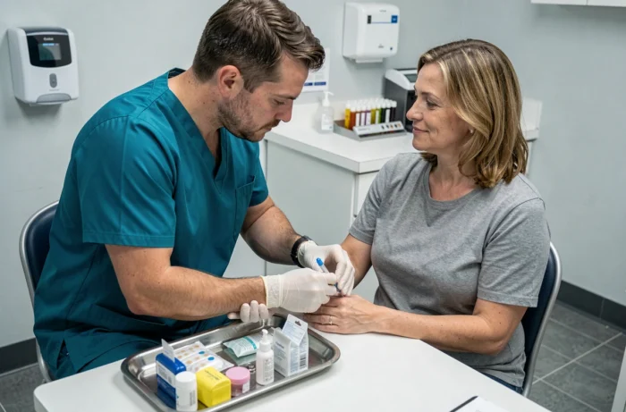 Infirmier effectuant une prise de sang sur une patiente dans un laboratoire de clinique médicale