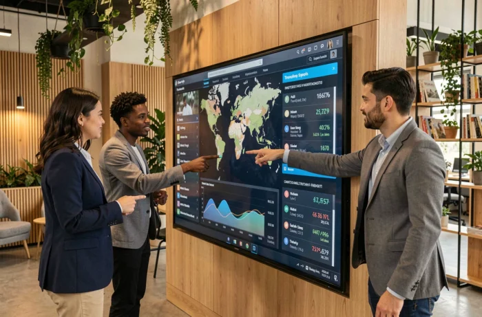 Groupe de jeunes professionnels analysant les tendances internationales sur un écran interactif dans un espace de coworking