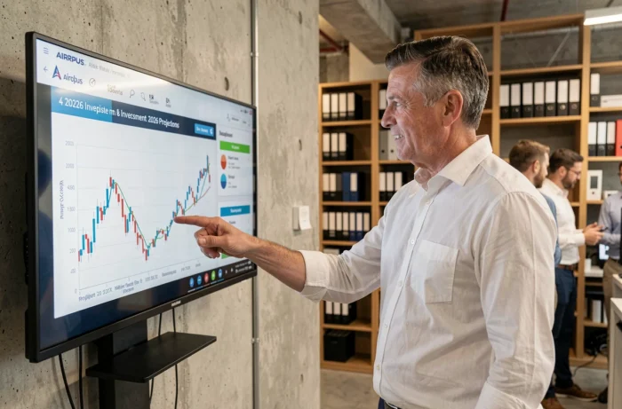 Investisseur senior présentant des projections boursières Airbus sur écran tactile dans une salle d'analyse financière