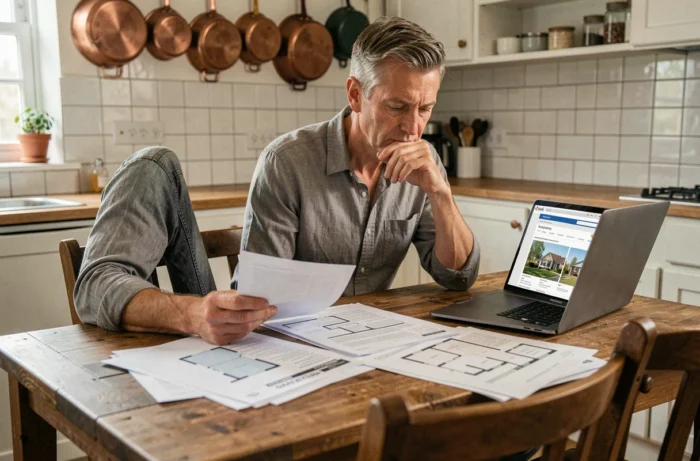 Propriétaire analysant des documents d'estimation immobilière et des comparatifs de marché avant la vente de sa maison