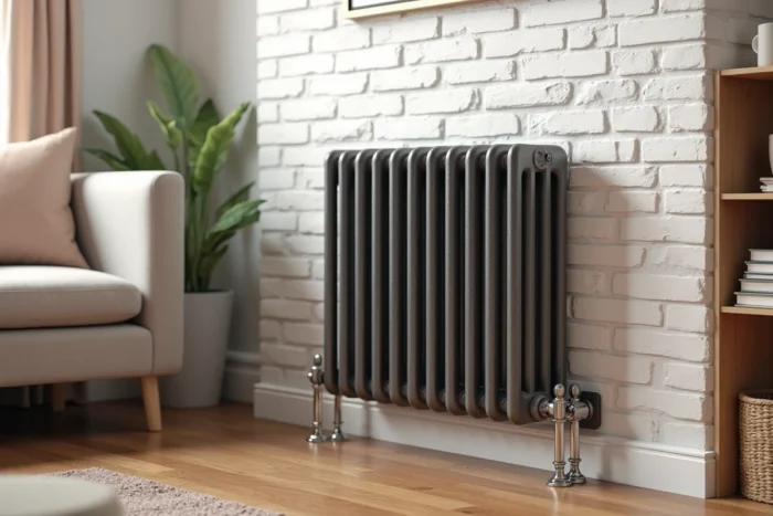 Radiateur électrique en fonte de couleur anthracite monté sur un mur en brique blanche dans un salon cosy