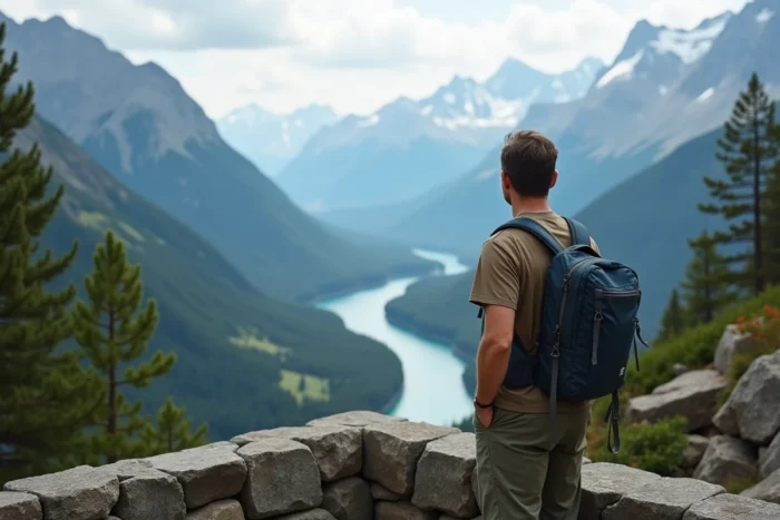 Voyageur en randonnée contemplant un panorama de montagne depuis un belvédère alpin, avec une vallée et des sommets enneigés en arrière-plan