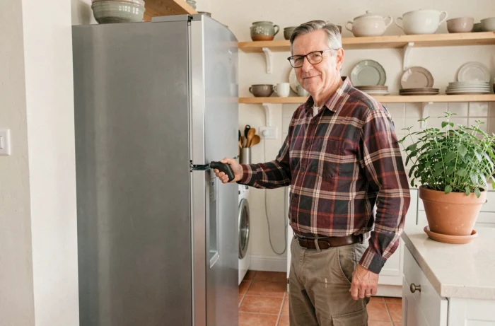 Homme âgé rebranchant un réfrigérateur argenté dans une prise murale d'une cuisine avec carrelage en terre cuite