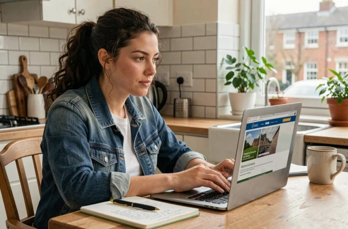 Jeune femme recherchant les critères de financement de formation du conseil régional sur un ordinateur portable chez elle