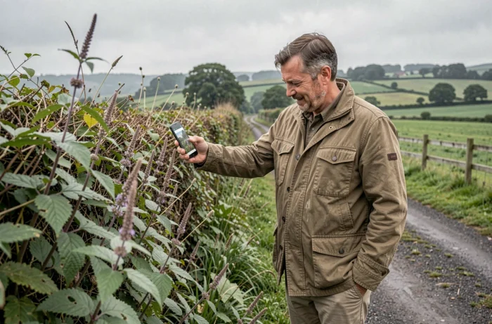 Homme identifiant une plante sauvage avec une application gratuite sur smartphone Android en campagne