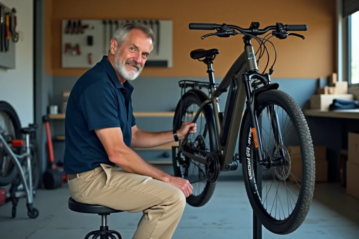 Homme retirant la batterie d'un vélo électrique Decathlon dans un garage pour résoudre une panne