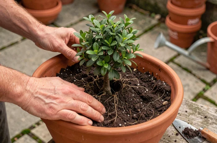 Gros plan de mains rempotant un arbuste ornemental dans un pot en céramique sur un patio en pierre