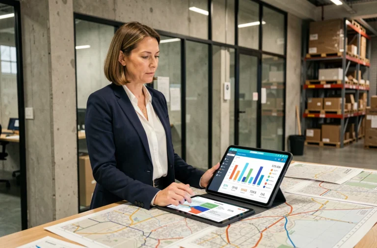 Responsable logistique comparant des logiciels d'optimisation de livraison sur une tablette dans un bureau d'entrepôt moderne