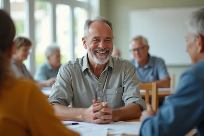 Retraité heureux participant à une activité sociale en groupe dans un centre communautaire lumineux