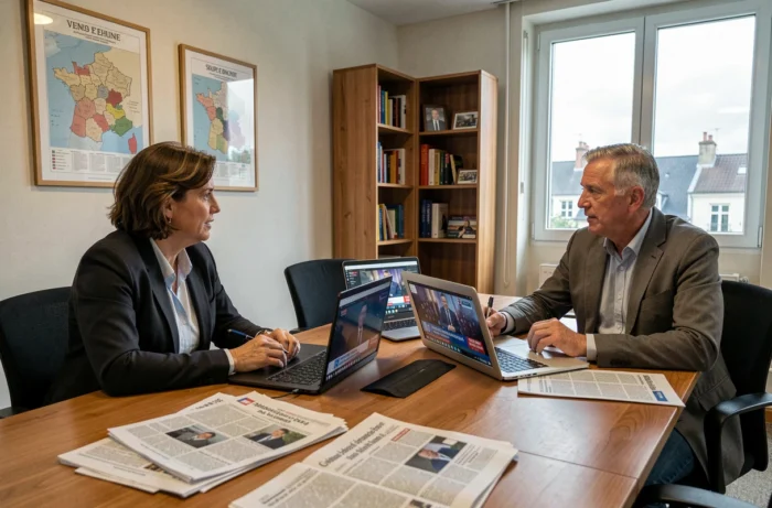 Deux professionnels analysant des rapports d'actualités régionales et nationales lors d'une réunion