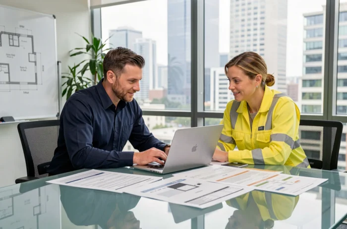 Architecte et entrepreneur en bâtiment analysant ensemble des devis de travaux sur une table de réunion en verre