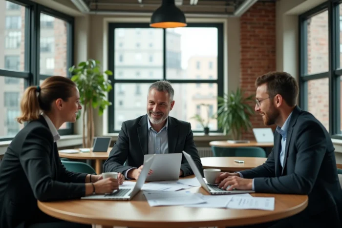 Équipe de professionnels en réunion collaborative autour d'une table dans un espace de coworking moderne