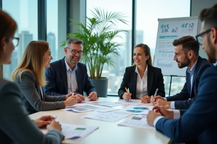 Équipe de professionnels en réunion autour de rapports ESG et RSE dans un bureau moderne avec vue urbaine