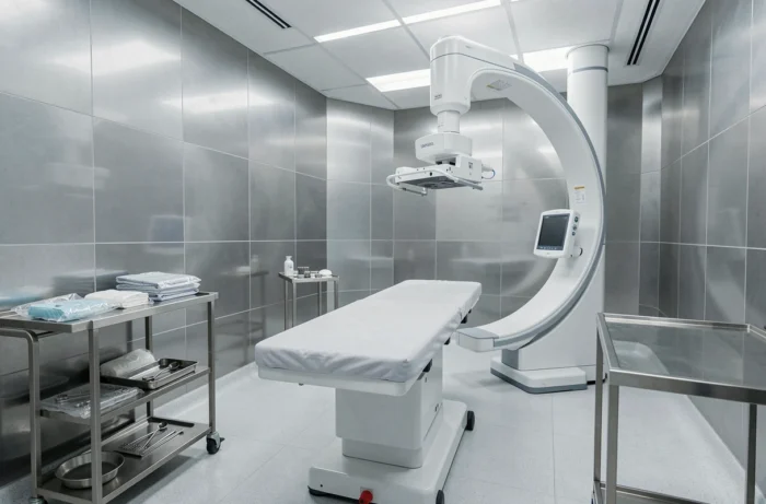 Salle de procédure hospitalière équipée pour l'hydrotomie percutanée avec matériel médical spécialisé