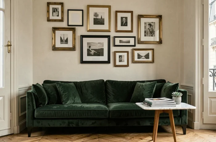 Coin salon parisien avec mur de cadres vintage, canapé velours vert forêt et table en marbre pour une décoration élégante