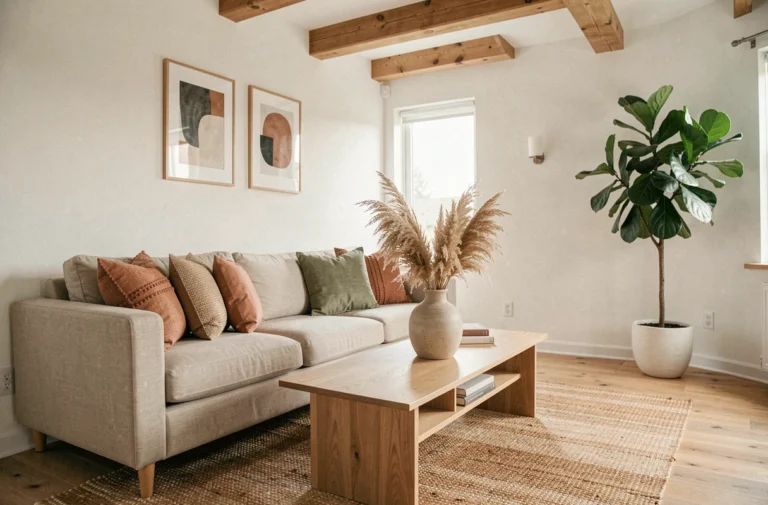 Salon scandinave tendance avec canapé en lin, coussins terracotta, table basse en chêne et plante tropicale pour une déco moderne et épurée