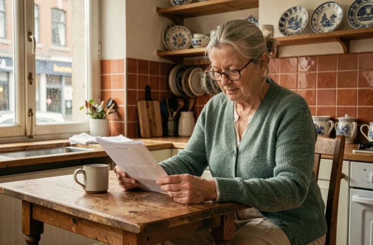 Femme senior belge consultant ses documents de retraite à la table de cuisine