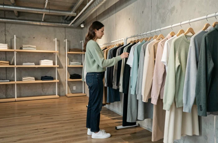 Jeune femme stylée en pull vert sauge parcourant des vêtements dans une boutique de mode minimaliste, inspiration shopping tendance