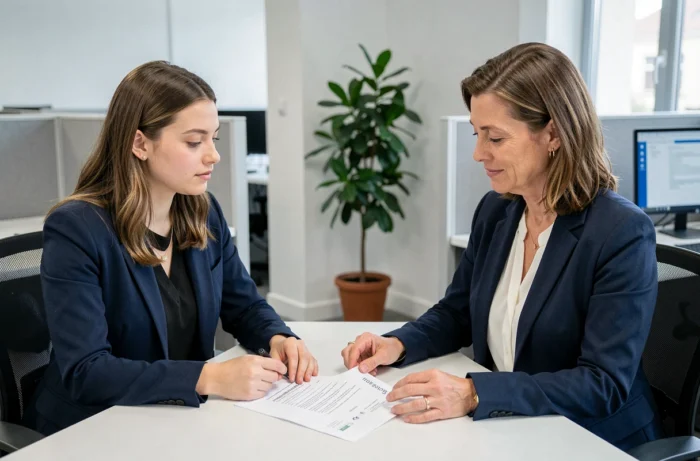Jeune apprentie et responsable RH signant un contrat d'apprentissage dans un bureau d'entreprise moderne