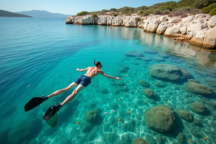 Snorkeleur observant les herbiers de Posidonie dans un lagon de Corse du Nord vu depuis le rivage