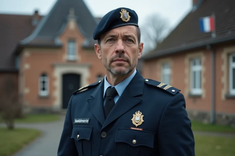 Sous-officier de gendarmerie en tenue réglementaire devant une brigade rurale, posture professionnelle et insignes de grade visibles