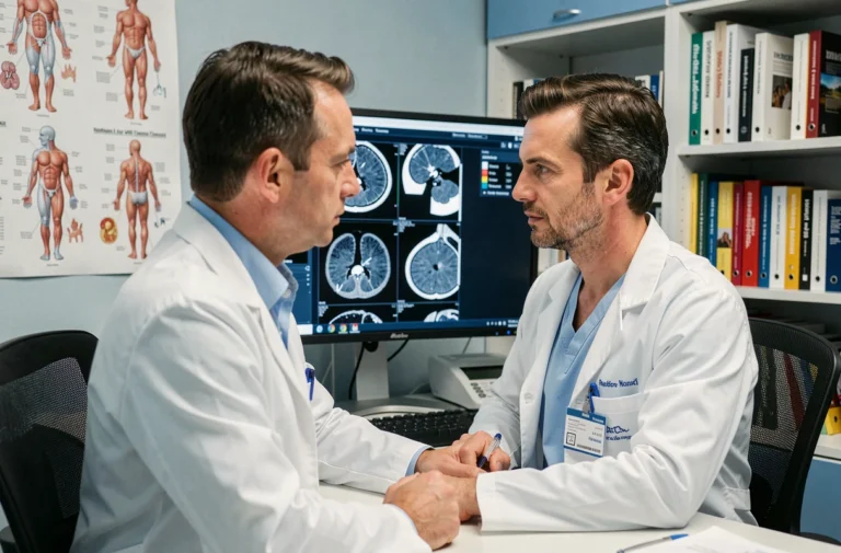 Radiologue spécialiste en hydrotomie percutanée consultant des images médicales dans un cabinet moderne