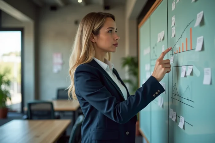Femme entrepreneuse présentant une stratégie de croissance d'entreprise sur un tableau blanc dans un bureau moderne