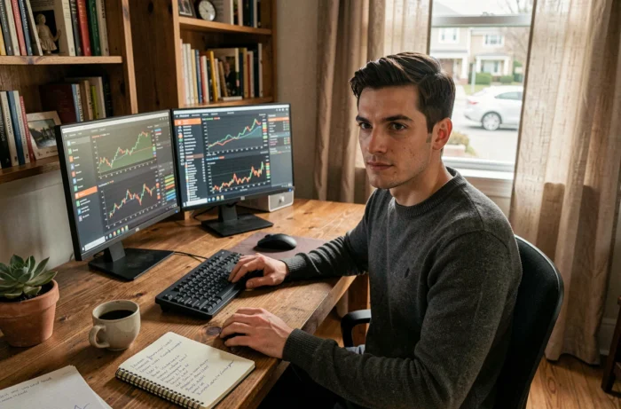 Jeune investisseur travaillant sur une stratégie de placement Airbus depuis son bureau à domicile avec tableau de bord financier
