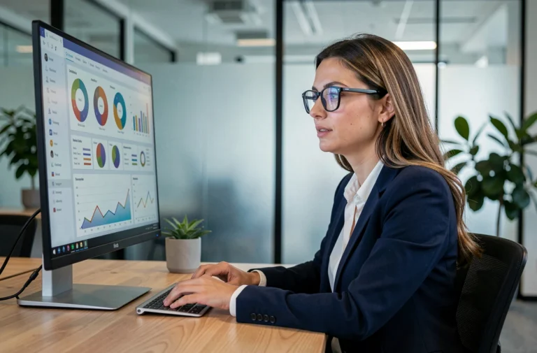 Professionnelle analysant une stratégie marketing digitale sur un tableau de bord analytique dans un bureau moderne