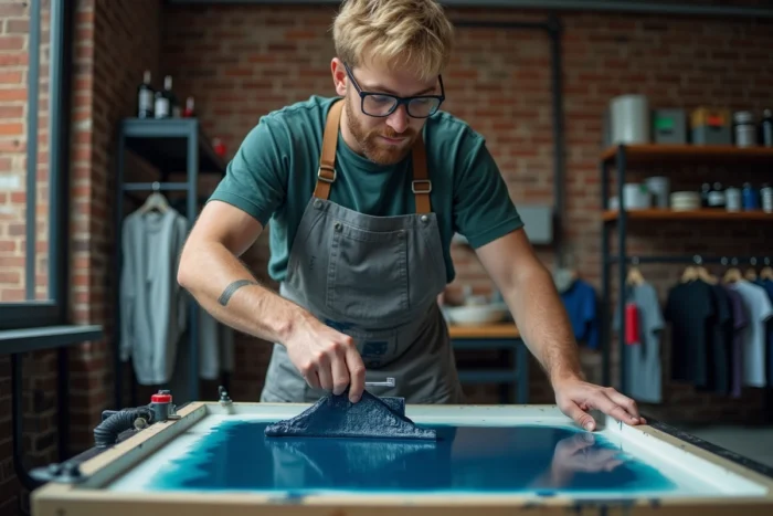 Technicien utilisant une presse sérigraphique professionnelle pour imprimer des vêtements personnalisés en atelier industriel